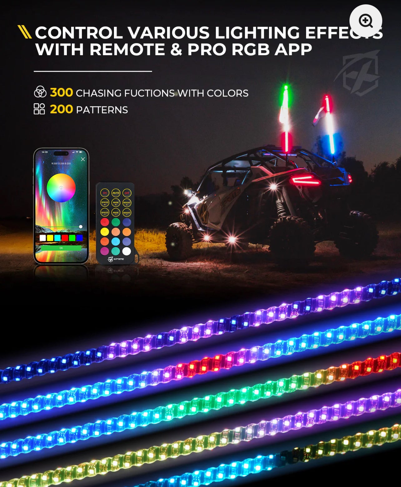 RGB + Pure White Whip Lights with Spring Base 4Ft