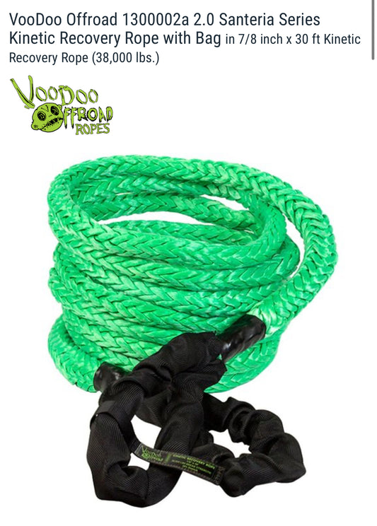 VooDoo Offroad 1300002a 2.0 Santeria Series Kinetic Recovery Rope with Bag in 7/8 inch x 30 ft Kinetic Recovery Rope (38,000 lbs.)